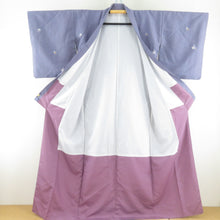 Load image into Gallery viewer, 小紋 縞に花柄 紫色 袷 バチ衿 ポリエステル 洗える着物 仕立て上がり カジュアル 身丈162cm