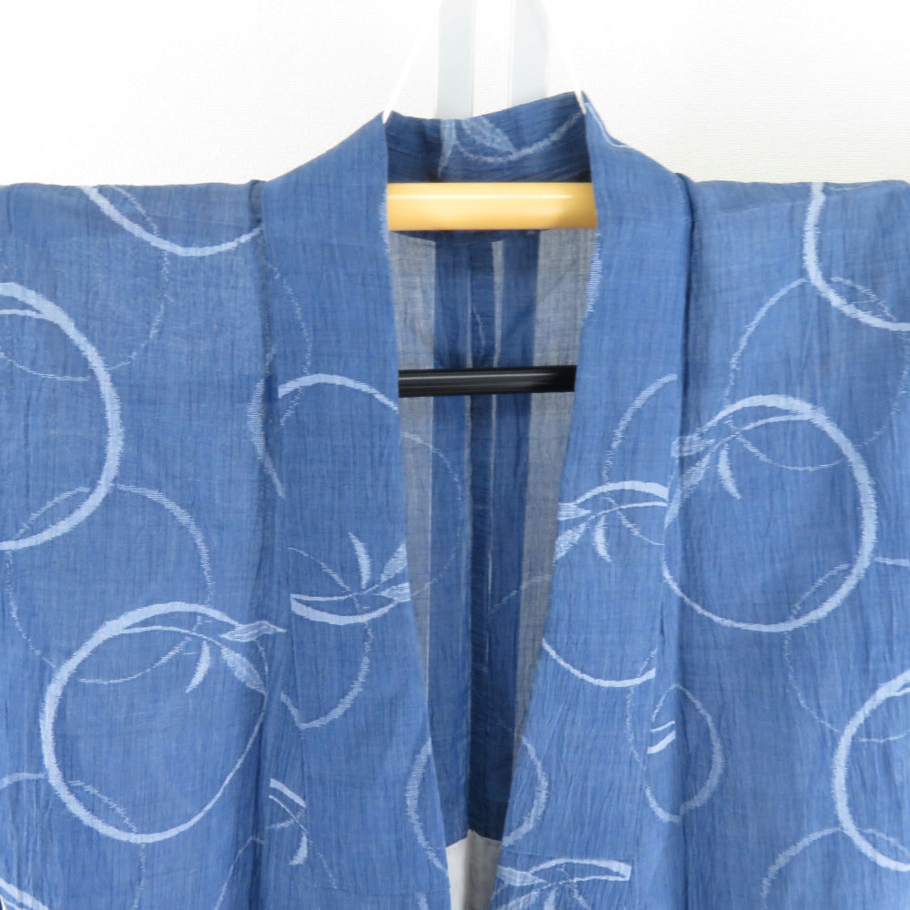 夏着物 本麻 小千谷ちぢみ 単衣 青色 丸に笹文様 カジュアル 夏物 盛夏