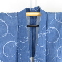 画像をギャラリービューアに読み込む, 夏着物 本麻 小千谷ちぢみ 単衣 青色 丸に笹文様 カジュアル 夏物 盛夏 浴衣 仕立て上がり 身丈153cm