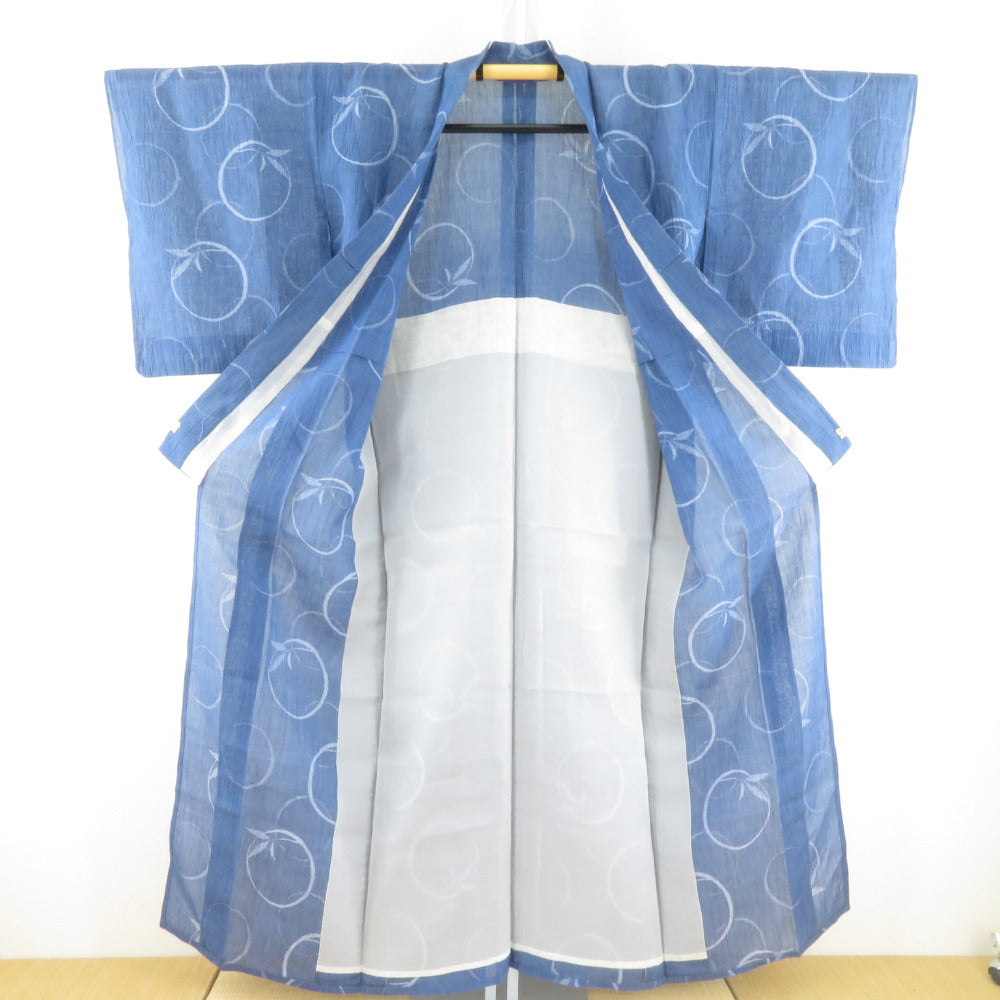 夏着物 本麻 小千谷ちぢみ 単衣 青色 丸に笹文様 カジュアル 夏物 盛夏