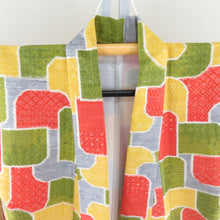 画像をギャラリービューアに読み込む, 紬 着物 幾何学文様 袷 バチ衿 多色 正絹 カジュアル着物 仕立て上がり 身丈155cm