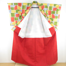 画像をギャラリービューアに読み込む, 紬 着物 幾何学文様 袷 バチ衿 多色 正絹 カジュアル着物 仕立て上がり 身丈155cm