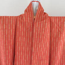 画像をギャラリービューアに読み込む, 紬 着物 単衣 縦縞 広衿 橙色 正絹 カジュアル着物 仕立て上がり 身丈161cm
