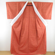 画像をギャラリービューアに読み込む, 紬 着物 単衣 縦縞 広衿 橙色 正絹 カジュアル着物 仕立て上がり 身丈161cm