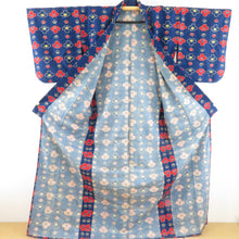 画像をギャラリービューアに読み込む, ウール着物 アンサンブル 羽織セット 梅柄 単衣 青色 バチ衿 カジュアルきもの 仕立て上がり 身丈169cm