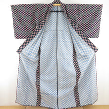 画像をギャラリービューアに読み込む, ウール着物 アンサンブル 羽織セット 花格子柄 単衣 青紫色 バチ衿 カジュアルきもの 仕立て上がり 身丈158cm