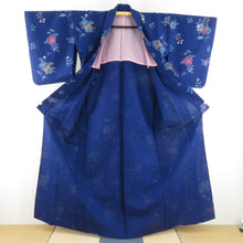 画像をギャラリービューアに読み込む, ウール着物 アンサンブル 羽織セット 花柄 単衣 紫色 バチ衿 カジュアルきもの 仕立て上がり 身丈159cm