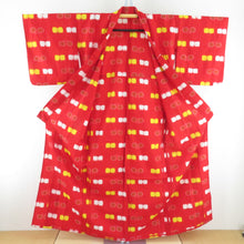 画像をギャラリービューアに読み込む, ウール着物 アンサンブル 羽織セット 遠州椿柄 単衣 赤色 バチ衿 カジュアルきもの 仕立て上がり 身丈157cm