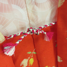 画像をギャラリービューアに読み込む, ウール着物 アンサンブル 羽織セット 花柄 単衣 橙色 バチ衿 カジュアルきもの 仕立て上がり ジュニア向け 身丈149cm