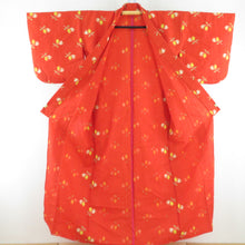 画像をギャラリービューアに読み込む, ウール着物 アンサンブル 羽織セット 花柄 単衣 橙色 バチ衿 カジュアルきもの 仕立て上がり ジュニア向け 身丈149cm