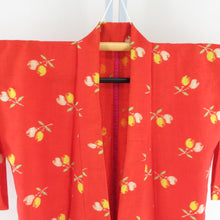 画像をギャラリービューアに読み込む, ウール着物 アンサンブル 羽織セット 花柄 単衣 橙色 バチ衿 カジュアルきもの 仕立て上がり ジュニア向け 身丈149cm