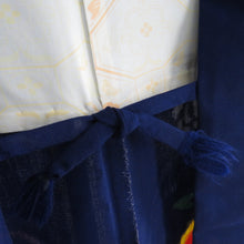 画像をギャラリービューアに読み込む, ウール着物 アンサンブル 羽織セット チューリップ柄 単衣 青紫色 バチ衿 カジュアルきもの 仕立て上がり ジュニア向き 身丈150cm