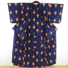 画像をギャラリービューアに読み込む, ウール着物 アンサンブル 羽織セット チューリップ柄 単衣 青紫色 バチ衿 カジュアルきもの 仕立て上がり ジュニア向き 身丈150cm