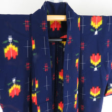 画像をギャラリービューアに読み込む, ウール着物 アンサンブル 羽織セット チューリップ柄 単衣 青紫色 バチ衿 カジュアルきもの 仕立て上がり ジュニア向き 身丈150cm