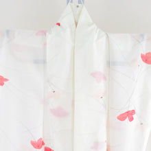 Load image into Gallery viewer, 夏着物 小紋 草花文様 クリーム色 単衣 広衿 絽 ポリエステル 洗える着物 夏用 仕立て上がり 身丈162cm