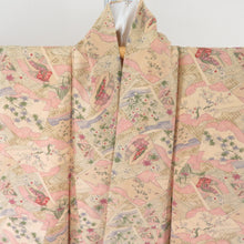 Load image into Gallery viewer, 小紋 冊子に平安風景文様 袷 広衿 茶橙色 正絹 仕立て上がり カジュアル着物 身丈157cm