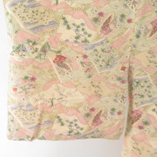 Load image into Gallery viewer, 小紋 冊子に平安風景文様 袷 広衿 茶橙色 正絹 仕立て上がり カジュアル着物 身丈157cm