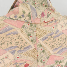 Load image into Gallery viewer, 小紋 冊子に平安風景文様 袷 広衿 茶橙色 正絹 仕立て上がり カジュアル着物 身丈157cm