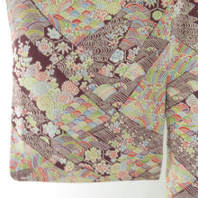 Load image into Gallery viewer, 小紋 裂取り文様 袷 広衿 茶紫色 正絹 仕立て上がり カジュアル着物 身丈157cm