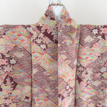 Load image into Gallery viewer, 小紋 裂取り文様 袷 広衿 茶紫色 正絹 仕立て上がり カジュアル着物 身丈157cm