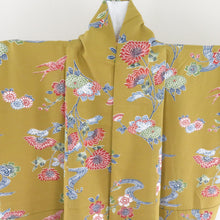 Load image into Gallery viewer, 小紋 型染 桜に菊文様 袷 広衿 緑茶色 正絹 仕立て上がり カジュアル着物 身丈170cm