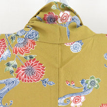 Load image into Gallery viewer, 小紋 型染 桜に菊文様 袷 広衿 緑茶色 正絹 仕立て上がり カジュアル着物 身丈170cm