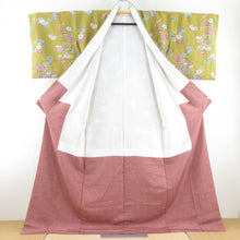 Load image into Gallery viewer, 小紋 型染 桜に菊文様 袷 広衿 緑茶色 正絹 仕立て上がり カジュアル着物 身丈170cm