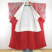 Load image into Gallery viewer, アンティーク 御召 菊に紅葉柄 赤色 袷 広衿 正絹 昭和レトロ 紋なし 昔着物 身丈151cm