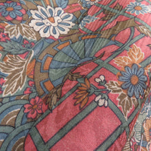 Load image into Gallery viewer, 小紋 裂取り花蝶文様 袷 バチ衿 茶紫色 正絹 仕立て上がり カジュアル着物 身丈158cm