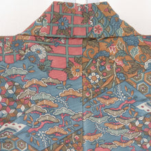 Load image into Gallery viewer, 小紋 裂取り花蝶文様 袷 バチ衿 茶紫色 正絹 仕立て上がり カジュアル着物 身丈158cm