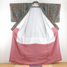 Load image into Gallery viewer, 小紋 裂取り花蝶文様 袷 バチ衿 茶紫色 正絹 仕立て上がり カジュアル着物 身丈158cm