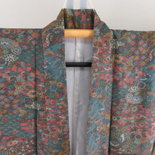 Load image into Gallery viewer, 小紋 裂取り花蝶文様 袷 バチ衿 茶紫色 正絹 仕立て上がり カジュアル着物 身丈158cm