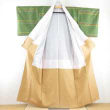 Load image into Gallery viewer, 紬 着物 単衣 横縞文様 広衿 緑色 正絹 カジュアル着物 仕立て上がり 身丈155cm