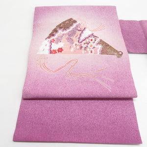 名古屋帯 正絹 塩瀬 扇子文様 お太鼓柄 九寸帯 紫色 カジュアル 仕立て