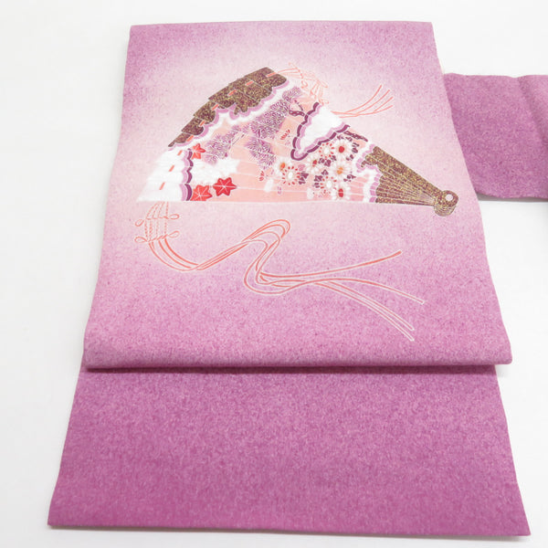 名古屋帯 正絹 塩瀬 扇子文様 お太鼓柄 九寸帯 紫色 カジュアル 仕立て