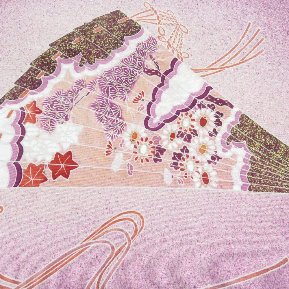 名古屋帯 正絹 塩瀬 扇子文様 お太鼓柄 九寸帯 紫色 カジュアル 仕立て