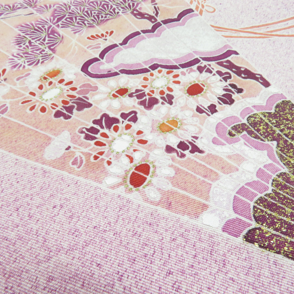 名古屋帯 正絹 塩瀬 扇子文様 お太鼓柄 九寸帯 紫色 カジュアル 仕立て