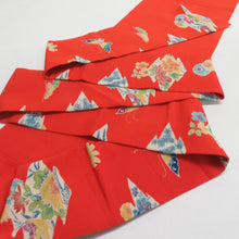 Load image into Gallery viewer, 名古屋帯 正絹 縮緬 型染め 花蝶文様 全通柄 九寸帯 橙色 カジュアル 仕立て上がり 着物帯 長さ362cm