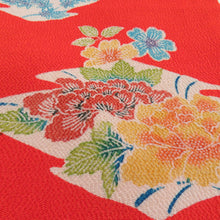 Load image into Gallery viewer, 名古屋帯 正絹 縮緬 型染め 花蝶文様 全通柄 九寸帯 橙色 カジュアル 仕立て上がり 着物帯 長さ362cm