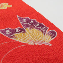 Load image into Gallery viewer, 名古屋帯 正絹 縮緬 型染め 花蝶文様 全通柄 九寸帯 橙色 カジュアル 仕立て上がり 着物帯 長さ362cm