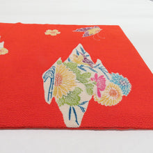 Load image into Gallery viewer, 名古屋帯 正絹 縮緬 型染め 花蝶文様 全通柄 九寸帯 橙色 カジュアル 仕立て上がり 着物帯 長さ362cm