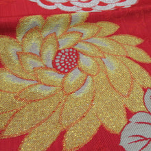 Load image into Gallery viewer, 名古屋帯 人絹 アンティーク 菊柄 六通柄 赤色 九寸帯 仕立て上がり 着物帯 レトロ 長さ348cm