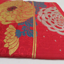 Load image into Gallery viewer, 名古屋帯 人絹 アンティーク 菊柄 六通柄 赤色 九寸帯 仕立て上がり 着物帯 レトロ 長さ348cm
