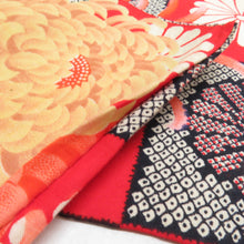 Load image into Gallery viewer, 半幅帯 ウールモス 市松に菊柄 朱色 レトロ 半巾帯 着物帯 長さ352cm