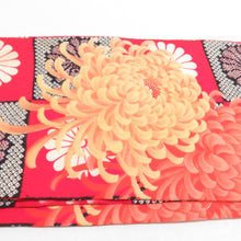 Load image into Gallery viewer, 半幅帯 ウールモス 市松に菊柄 朱色 レトロ 半巾帯 着物帯 長さ352cm
