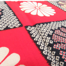 Load image into Gallery viewer, 半幅帯 ウールモス 市松に菊柄 朱色 レトロ 半巾帯 着物帯 長さ352cm