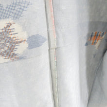 画像をギャラリービューアに読み込む, 紬 着物 単衣 椿文様 バチ衿 薄青色 正絹 カジュアル着物 仕立て上がり 身丈155cm