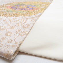 画像をギャラリービューアに読み込む, 袋帯 花唐草丸文 ベージュ色 金糸 ポリエステル 六通柄 仕立て上がり 着物帯 長さ400cm