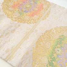 画像をギャラリービューアに読み込む, 袋帯 花唐草丸文 ベージュ色 金糸 ポリエステル 六通柄 仕立て上がり 着物帯 長さ400cm