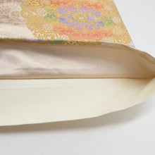 画像をギャラリービューアに読み込む, 袋帯 花唐草丸文 ベージュ色 金糸 ポリエステル 六通柄 仕立て上がり 着物帯 長さ400cm
